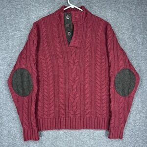 Alan Paine Henley Sweater Mens XL Red Cable Knit English Explorer Elbow Patches